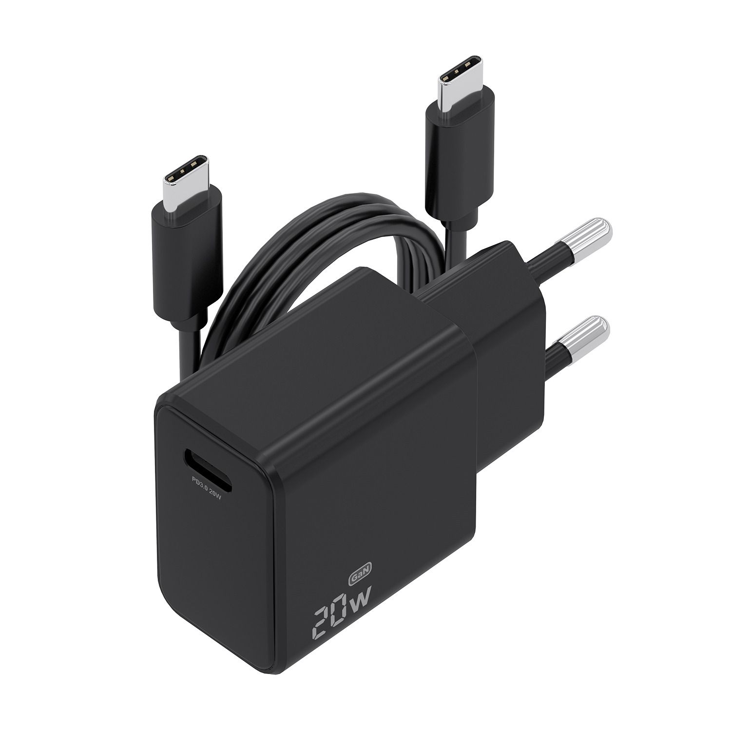 ASCH-20W1P082-BK - Cargador de Pared AISENS GaN 20W PD 3.0 QC 4.0 1xUSB-C Cable 1m Negro (ASCH-20W1P082-BK)