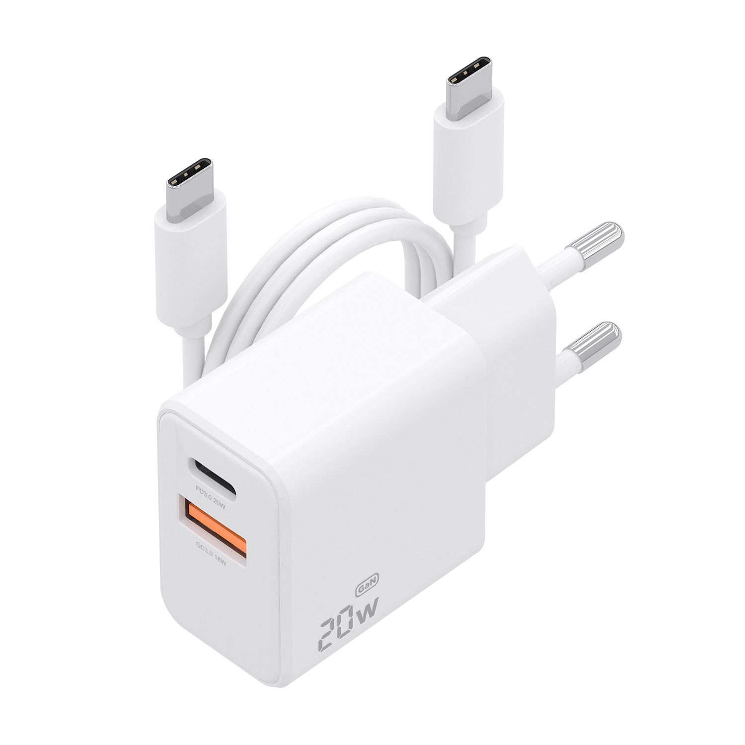 ASCH-20W2P083-W - Cargador de Pared AISENS GaN 20W PD 3.0 QC 4.0 1xUSB-C 1xUSB-A Cable 1m Blanco (ASCH-20W2P083-W)