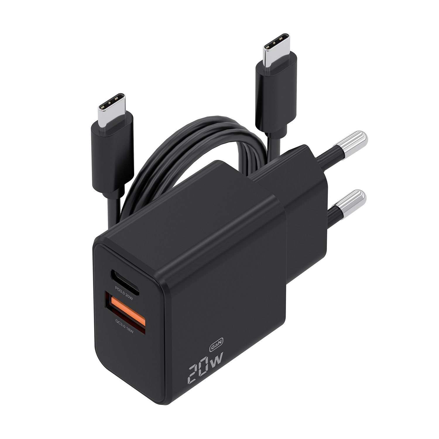ASCH-20W2P084-BK - Cargador de Pared AISENS GaN 20W PD 3.0 QC 4.0 1xUSB-C 1xUSB-A Cable 1m Negro (ASCH-20W2P084-BK)
