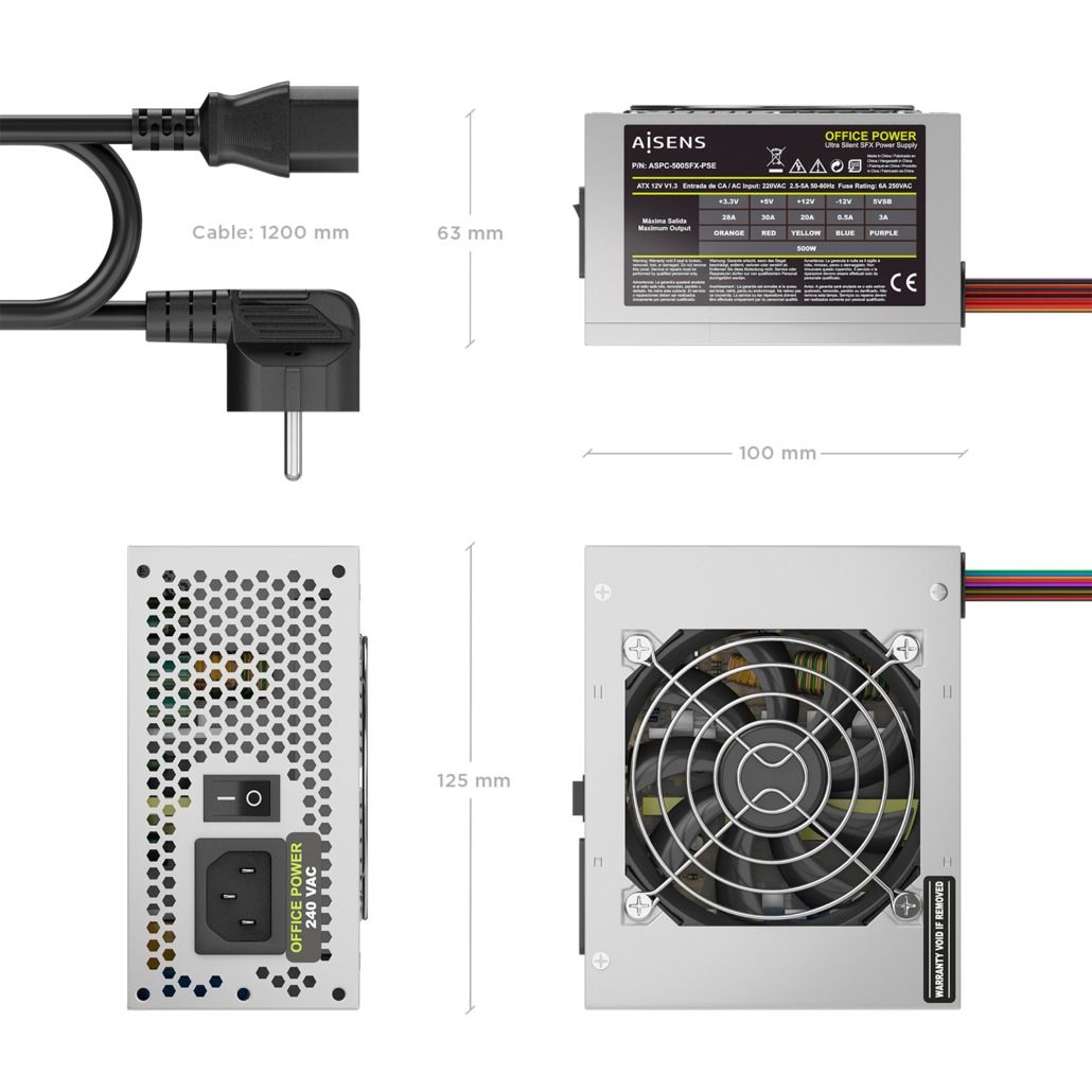 ASPC-500SFX-PSE - Fuente AISENS SFX 500W 8cm 20+4 pin ATX Plata (ASPC-500SFX-PSE)