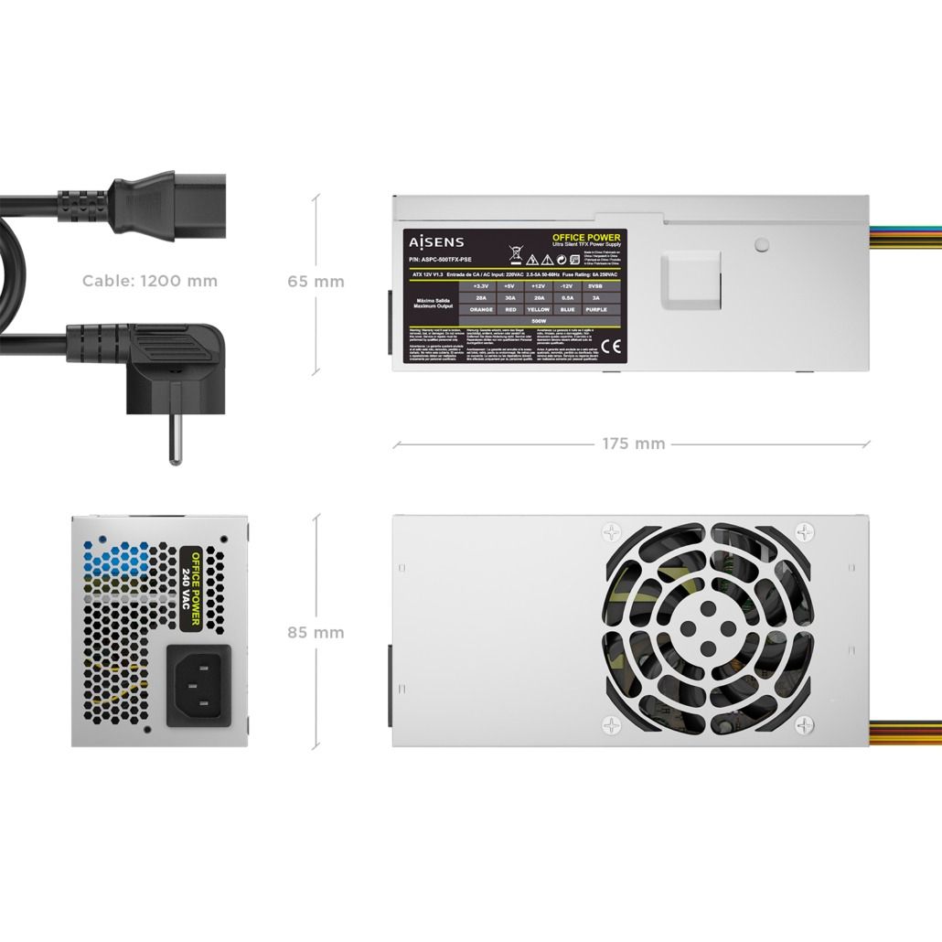 ASPC-500TFX-PSE - Fuente AISENS TFX 500W 8cm 20+4 pin ATX Cable OEM Plata (ASPC-500TFX-PSE)