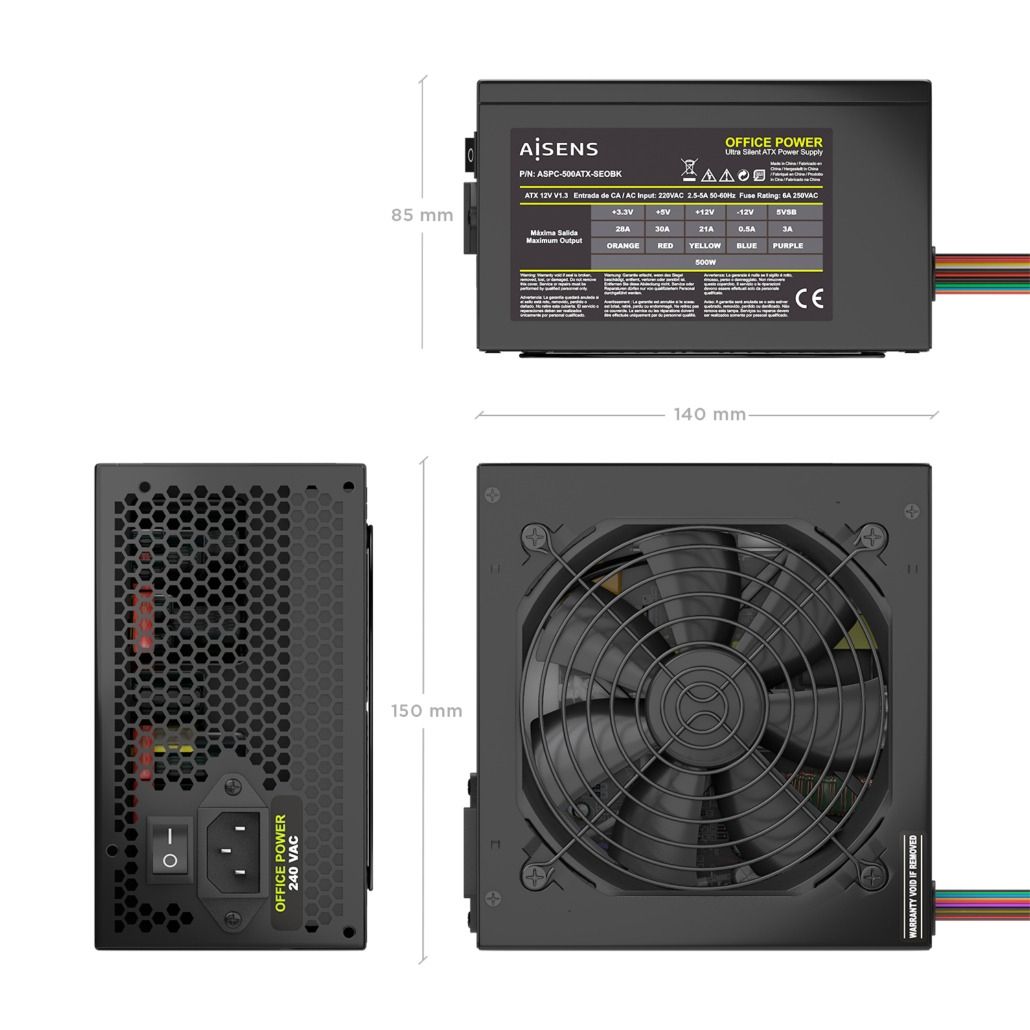 ASPC-500ATX-SEOBK - Fuente AISENS ATX 2.0 500W 12cm 20+4 pin ATX Cable OEM Negra (ASPC-500ATX-SEOBK)