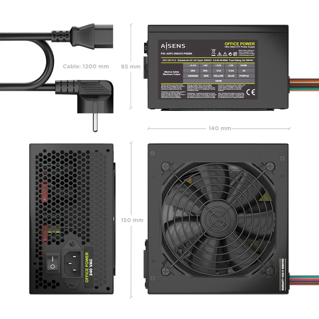 ASPC-500ATX-PSEBK - Fuente AISENS ATX 2.0 500W 12cm 20+4 pin ATX Cable OEM Negra (ASPC-500ATX-PSEBK)