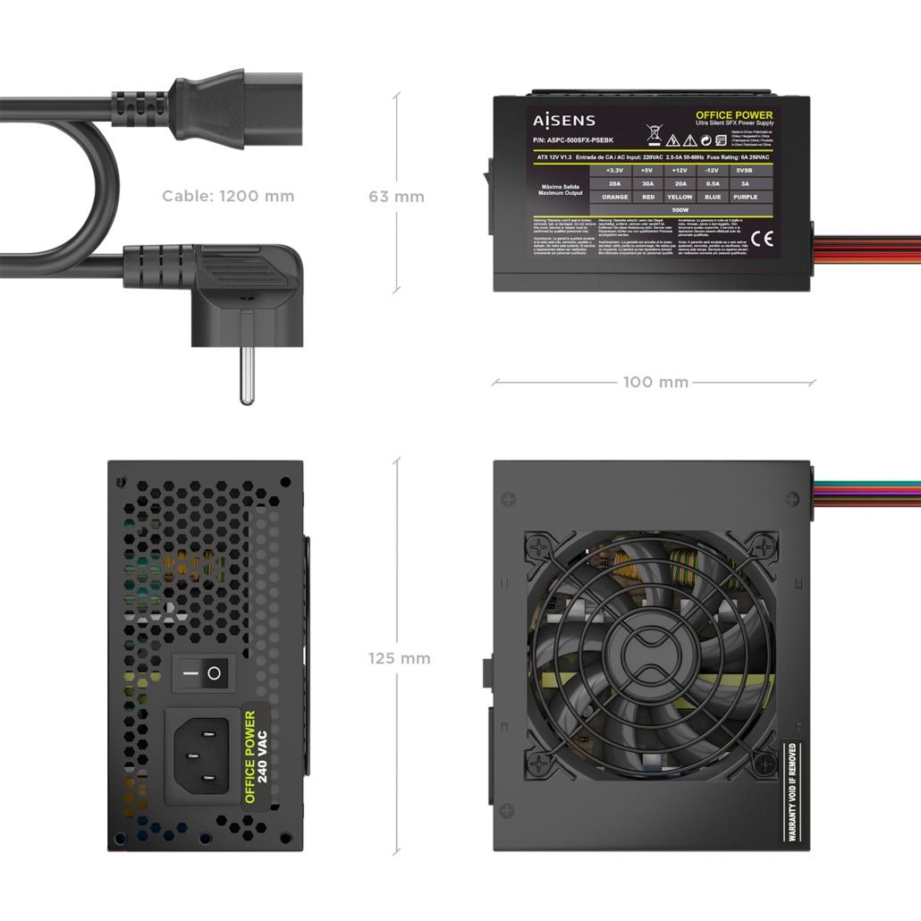 ASPC-500SFX-PSEBK - Fuente AISENS SFX 500W 8cm 20+4 pin ATX Cable OEM Negra (ASPC-500SFX-PSEBK)