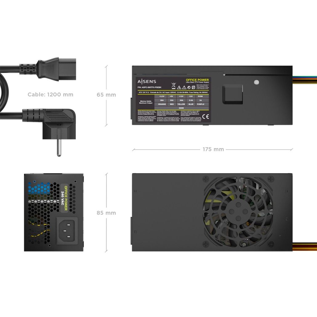 ASPC-500TFX-PSEBK - Fuente AISENS TFX 500W 8cm 20+4 pin ATX Cable OEM Negra (ASPC-500TFX-PSEBK)
