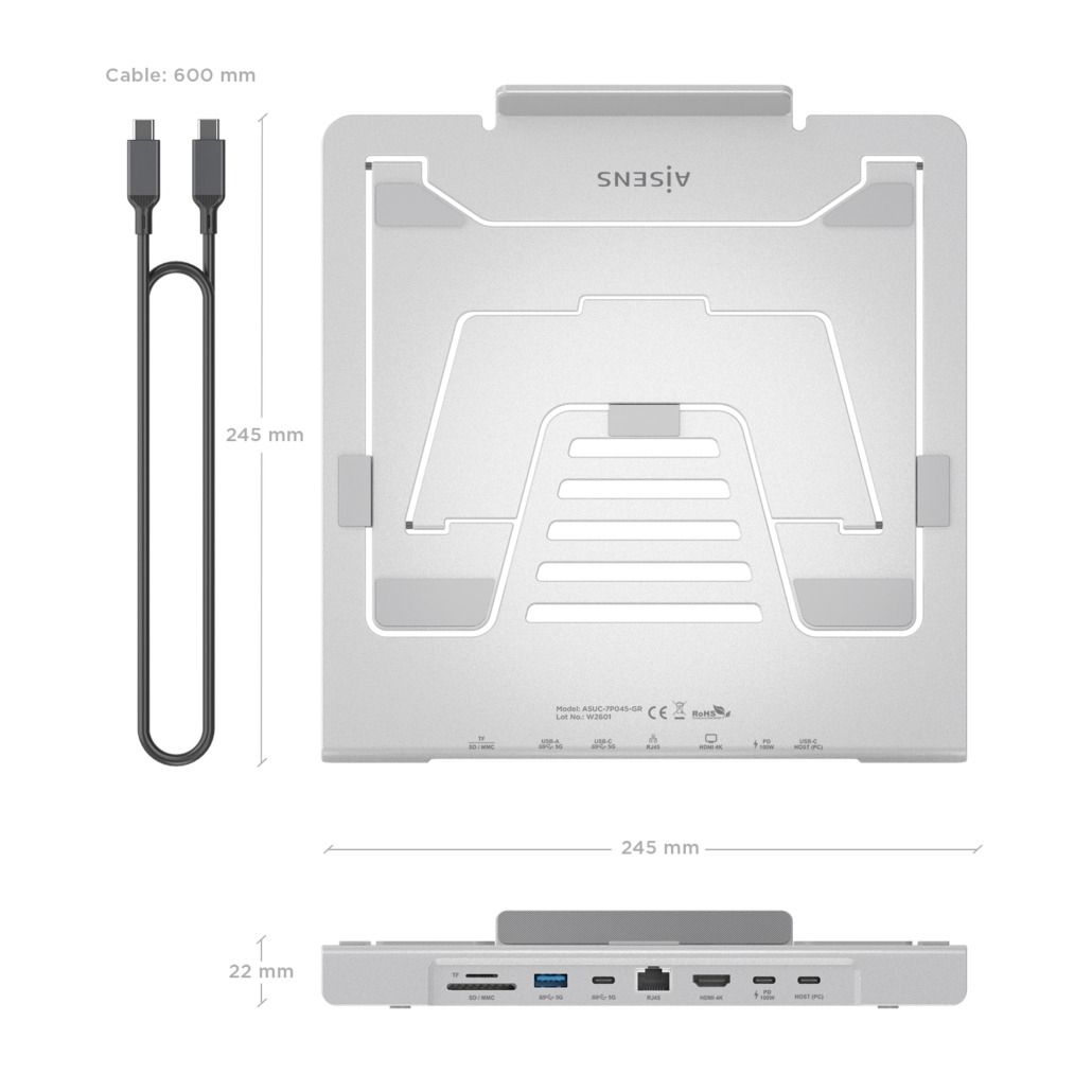 ASUC-7P045-GR - Soporte de Sobremesa AISENS Ajustable para Port�til/Tablet USB-C Docking 7en1 M�x. 3Kg Gris (ASUC-7P045-GR)