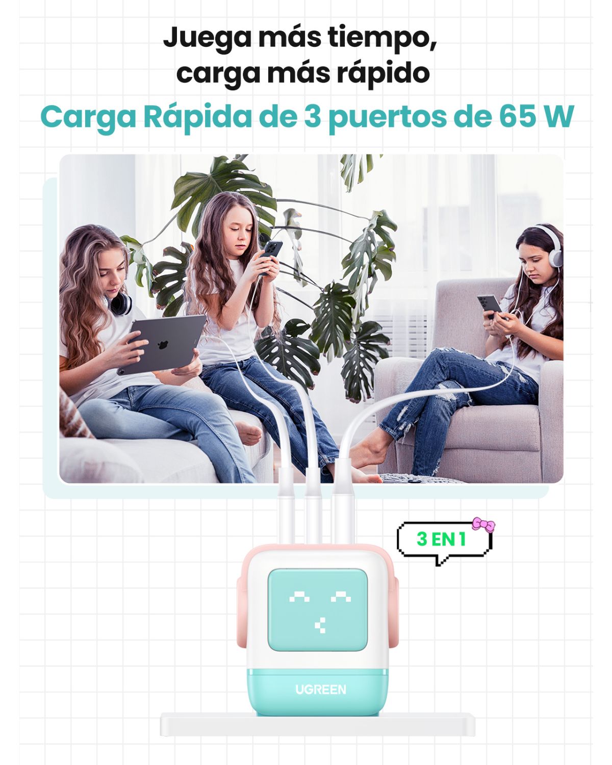 35855 - Cargador UgreenGaN PD 65W 3 Dispositivos Robot Blanco/Azul/Rosa (35855)