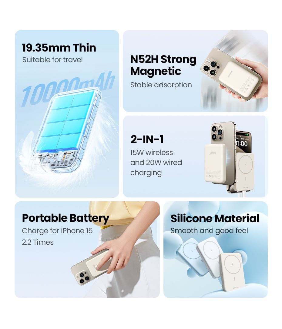 25208 - Bater�a externa Ugreen 10000mAh PD 3.0 20W Inal�mbrico Qi 1xUSB-C Beige (25208)