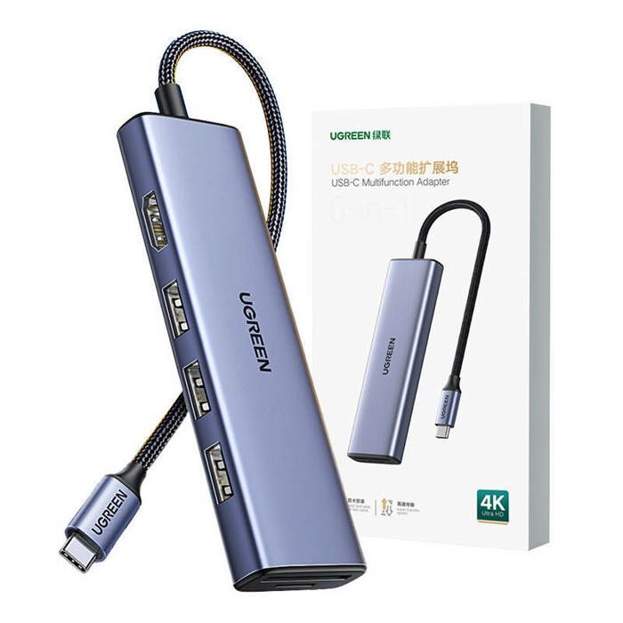 20956A - Hub Ugreen CM511 USB-C a 3xUSB-A 3.0/1xHDMI/Lector Tarjetas Plata (20956A)