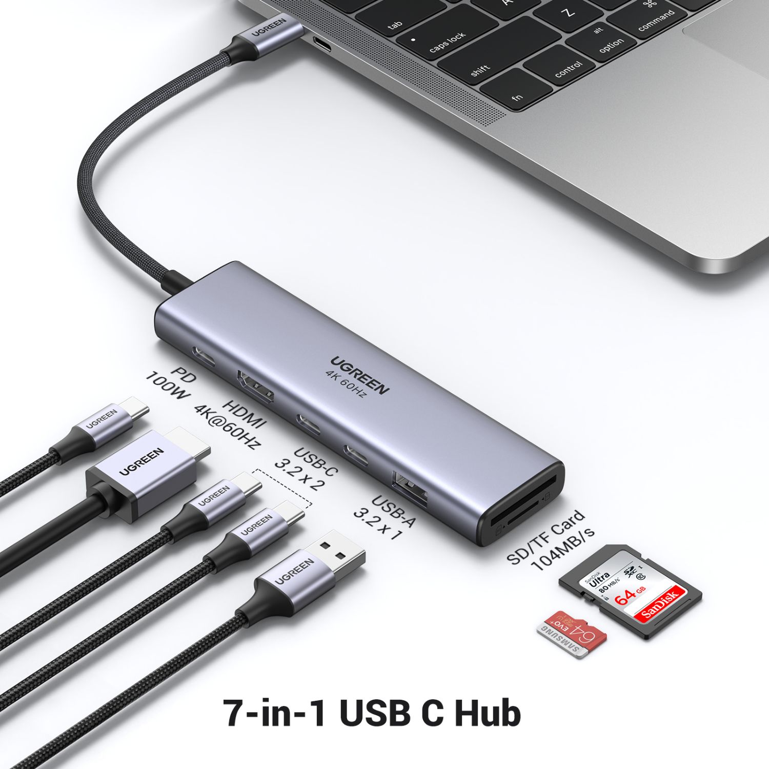 45521 - Hub Ugreen Revodok USB-C a 1xUSB-A 3.0/2xUSB-C 3.0/1xUSB-C 100W/1xHDMI 4K 60Hz/SD Gris (45521)