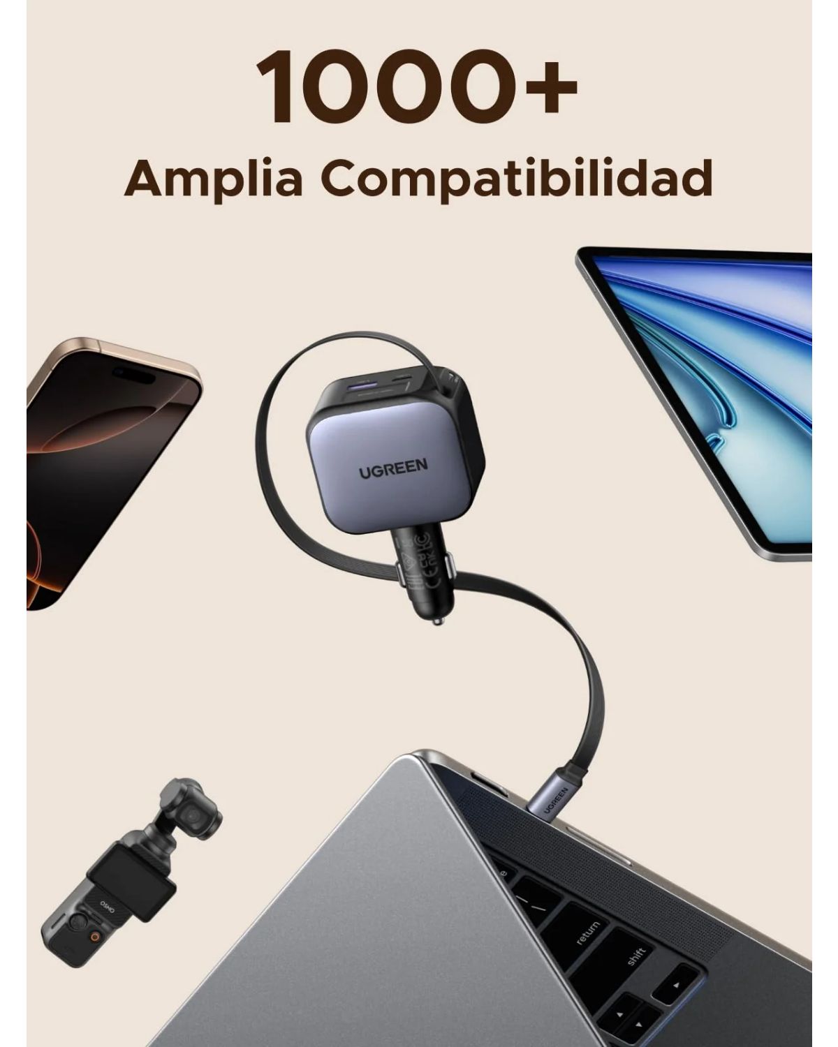 55910B - Cargador de Coche Ugreen PD 3.0/QC 3.0 145W 1xUSB-A 4xUSB-C Cable USB-C Retr�ctil Negro (55910B)