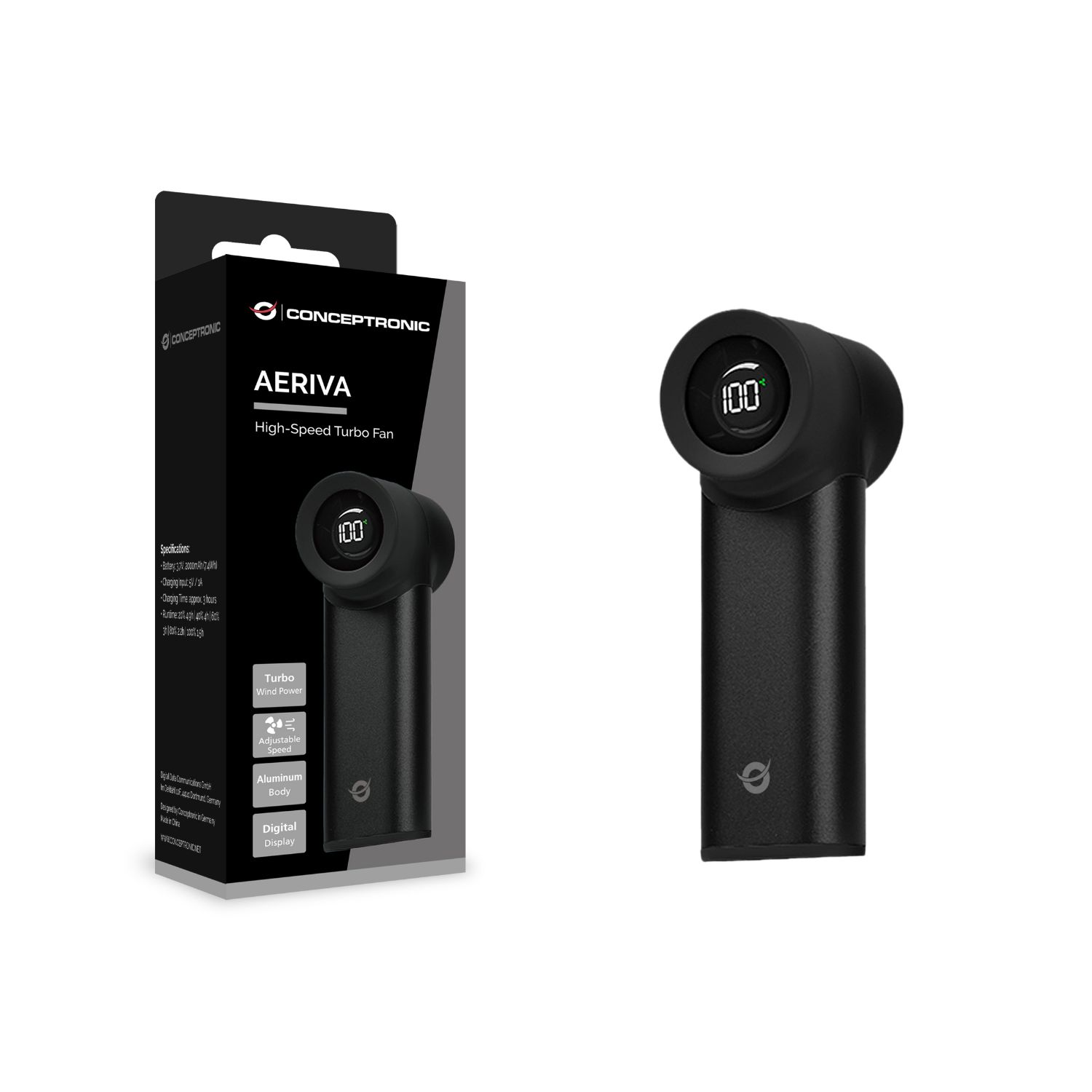 AERIVA02B - Mini Ventilador Port�til CONCEPTRONIC Bater�a Recargable Negro (AERIVA02B)
