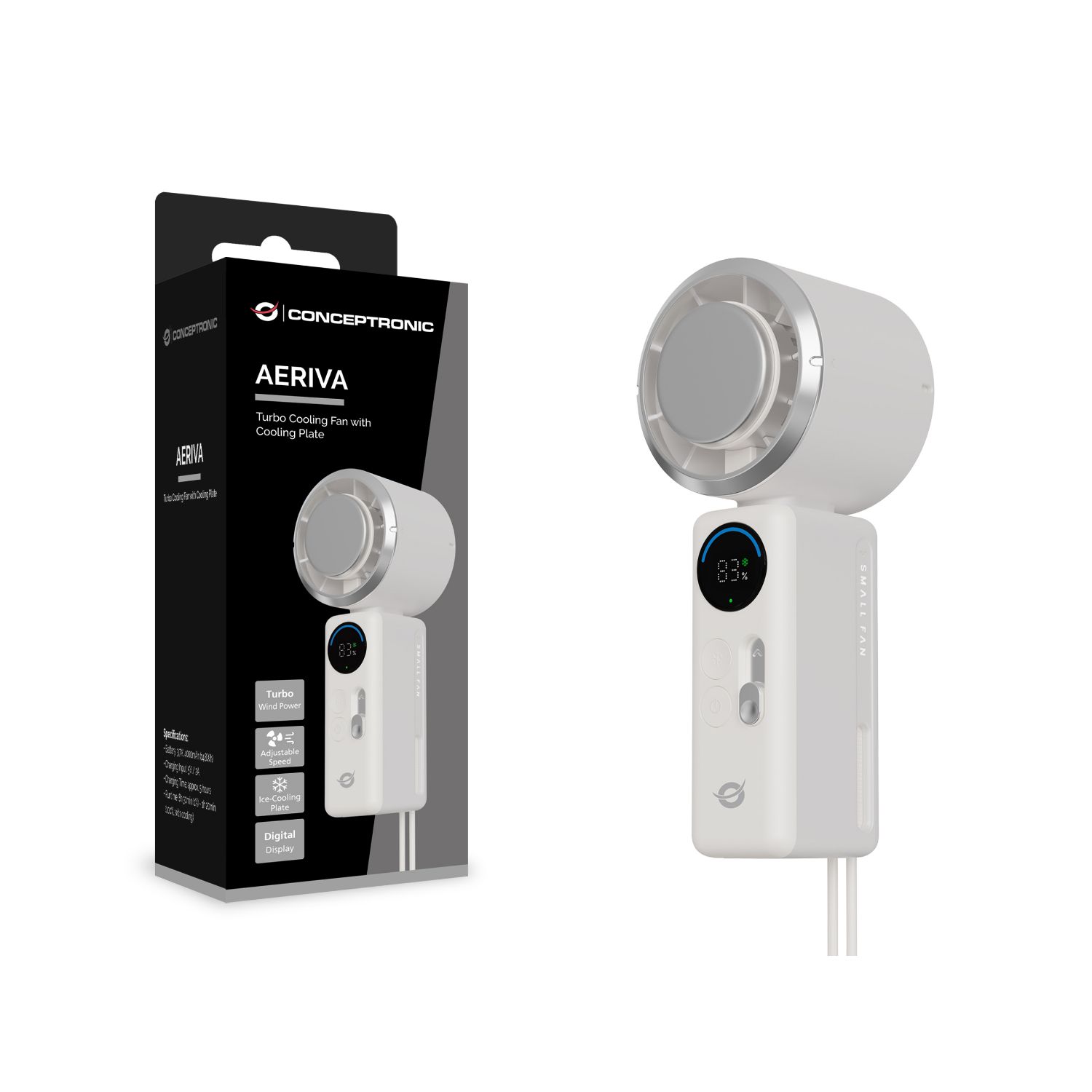 AERIVA03C - Mini Ventilador Port�til CONCEPTRONIC Pantalla Digital Placa Enfriadora Bater�a Recargable Blanco (AERIVA03C)