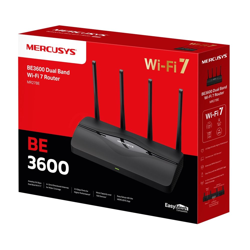 MR27BE - Router Mercusys BE3600 4xRJ45 WiFi 7 Dual Band Ethernet 2.5 GbE 4 Antenas Externas Negro (MR27BE)