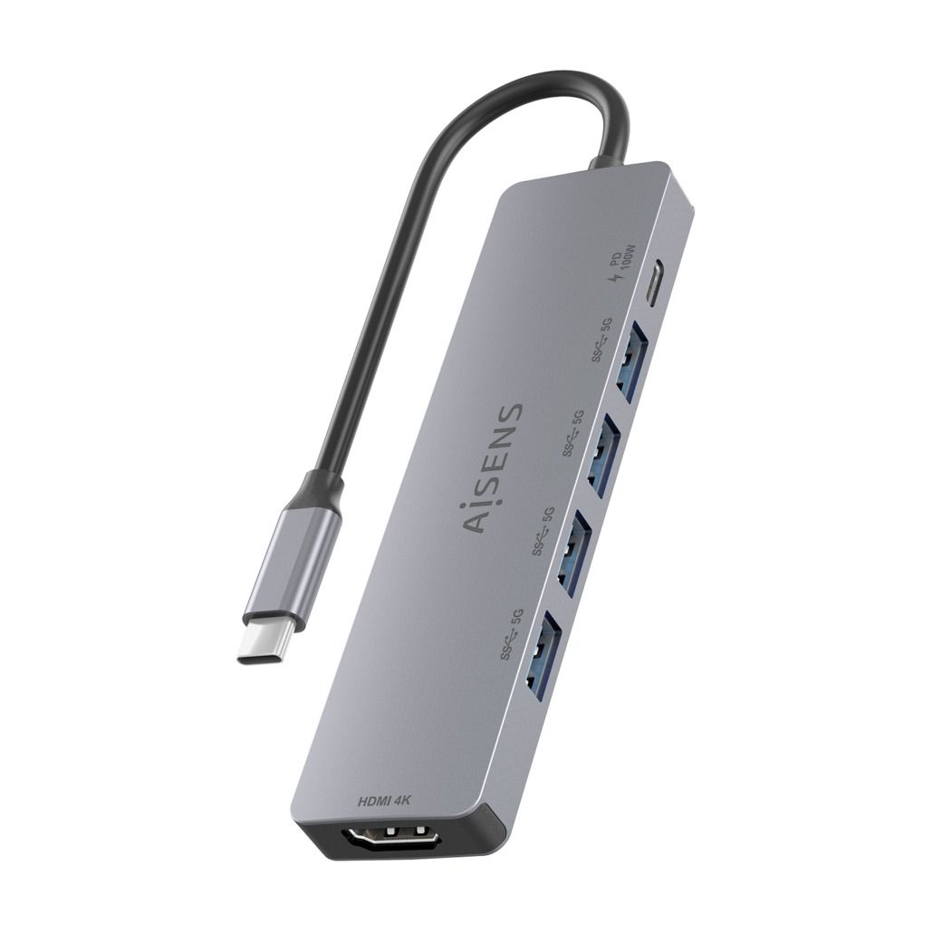 ASUC-6P047-GR - Docking Station AISENS USB-C a 4xUSB-A/1xHDMI 4K UHD/60Hz PD 100W Cable 0.15m Gris (ASUC-6P047-GR)