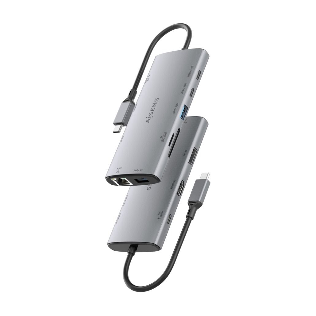 ASUC-10P050-GR - Docking Station AISENS 10en1 USB-C a 1xUSB-A 3.0/1xUSB-A 3.1/2xUSB-C 3.1 PD 100W/1xHDMI 4K UHD 60H/1xRJ45/Lector Tarjetas Cable 0.2m Gris (ASUC-10P050-GR)
