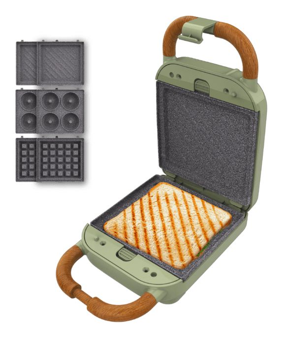 01305 - Sandwichera CECOTEC Rock'nToast Retro One 700W 3 Pares de Placas Desmontables (sandwiches, gofres, d�nuts) Asa de Tacto Fr�o Verde (01305)
