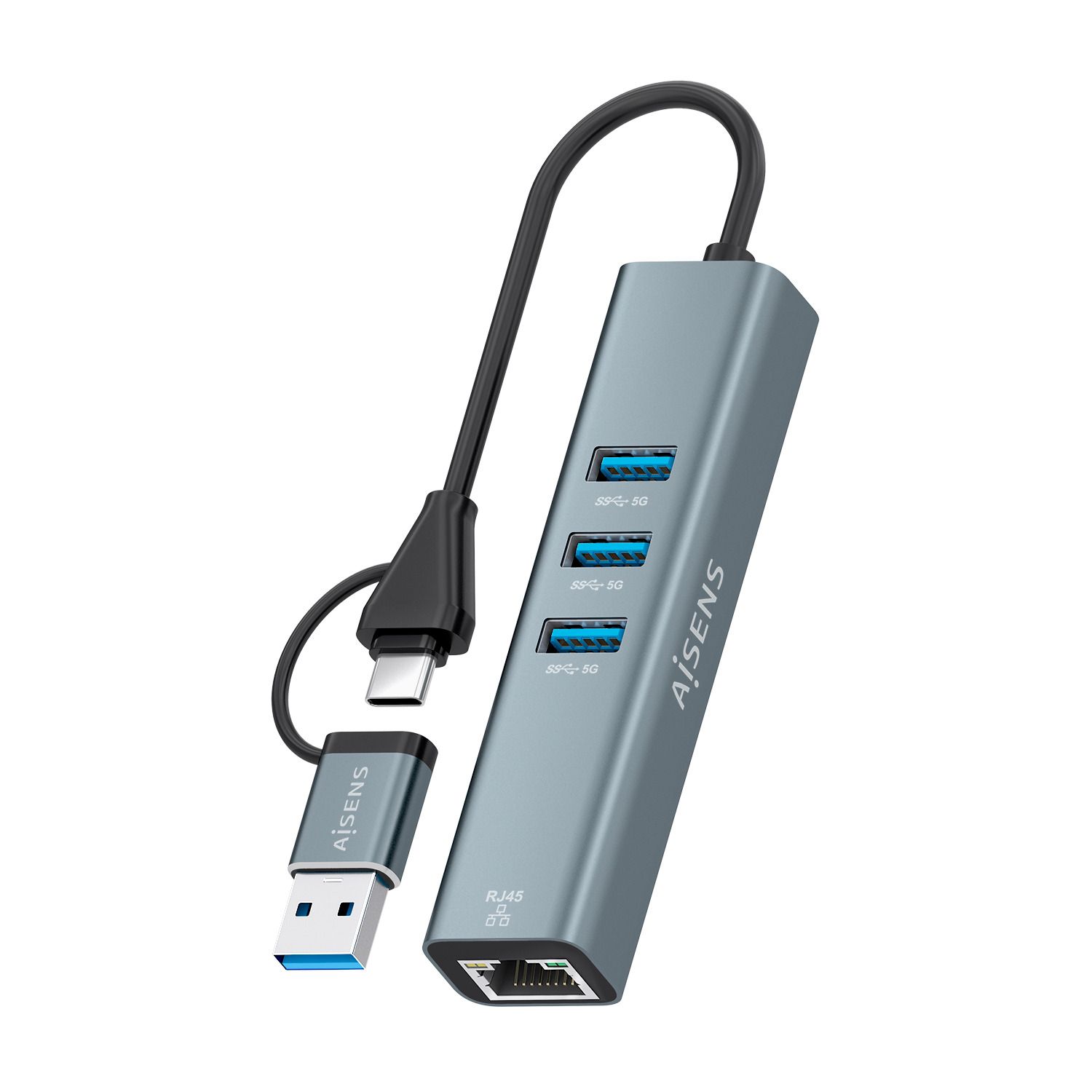 A109-1033 - Conversor USB 3.2 Gen1 AISENS de USB-A y USB-C a Ethernet Gigabit Conexion RJ45 10/100/1000 Mbps con HUB de 3 puertos USB 3.0 Cable de 15cm Plug and Play Compatible con Windows Mac OS y Linux .Gris (A109-1033)