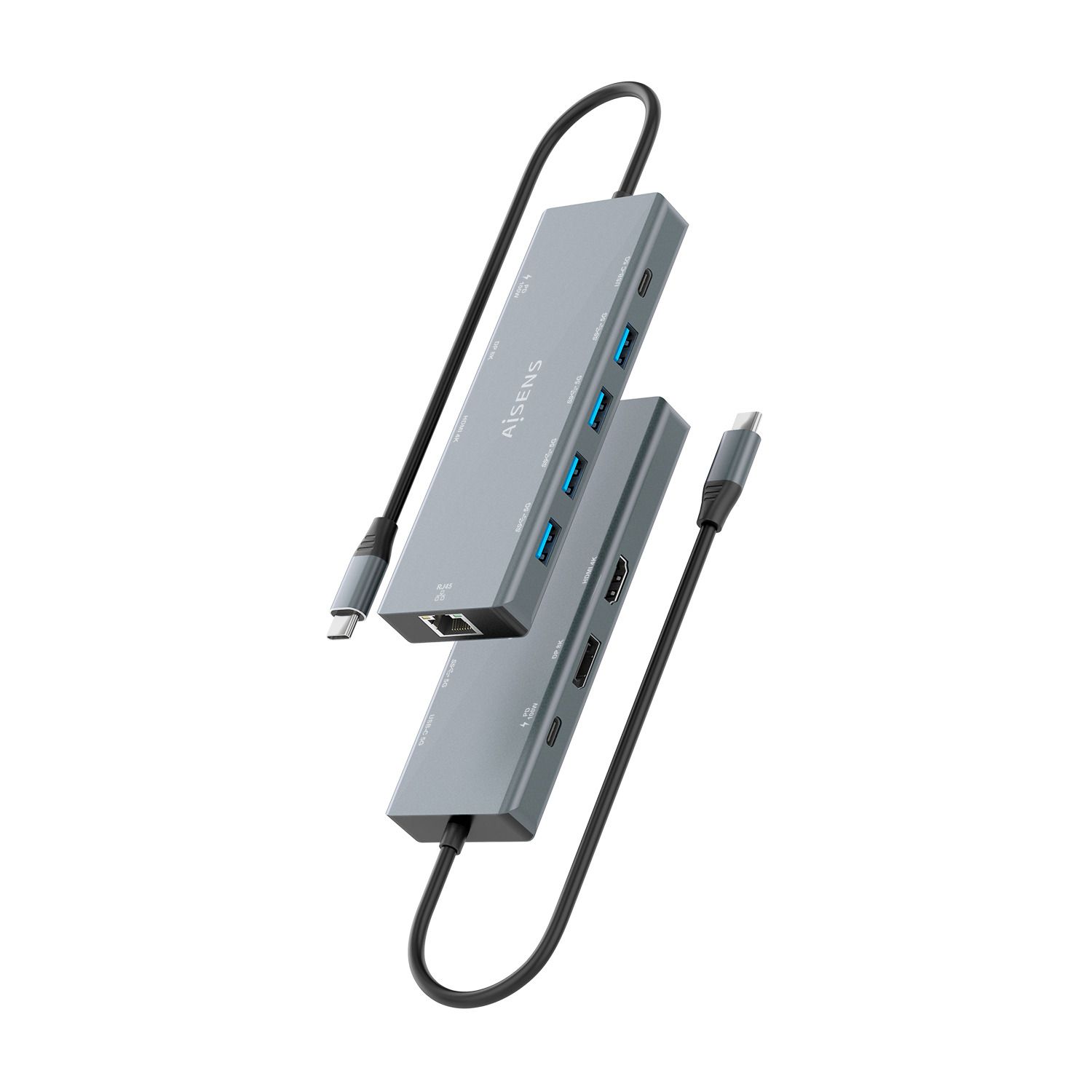 ASUC-9P051-GR - Docking Station AISENS USB-C 9en1. Carcasa de aluminio Puertos HDMI y DisplayPort hasta 8K Red Ethernet RJ45 4xUSB-A 5Gbps 1xUSB-C 5Gbps y puerto USB-C PD de 100W Cable de 20 cm Diseno compacto y ligero .Gris (ASUC-9P051-GR)