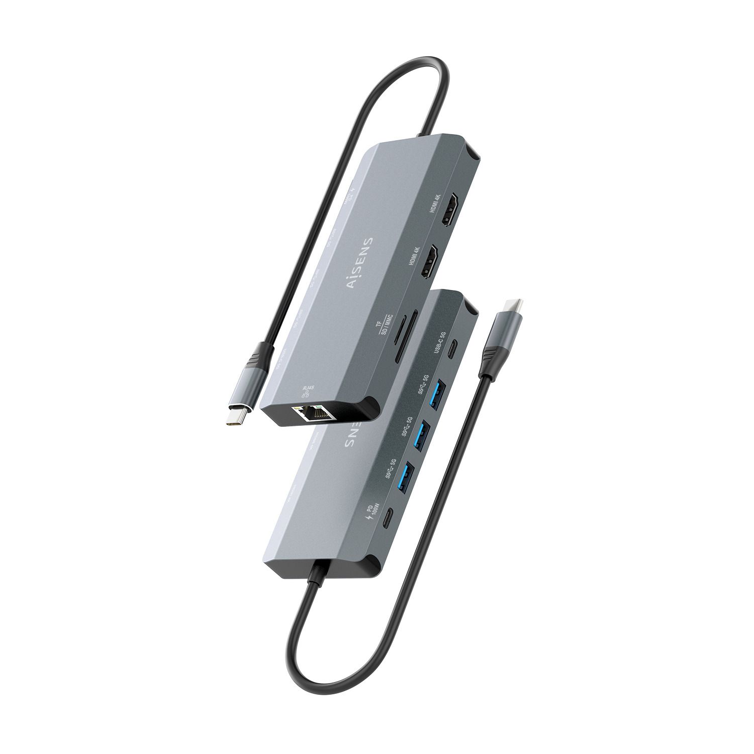 ASUC-10P052-GR - Docking Station AISENS USB-C 12en1 Carcasa de aluminio Doble salida HDMI hasta 4K Red Ethernet RJ45 3xUSB-A 1xUSB-C Lector de tarjetas SD y MicroSD Puerto USB-C Power Delivery 100W Cable de 20cm Diseno compacto. Gris(ASUC-10P052-GR)