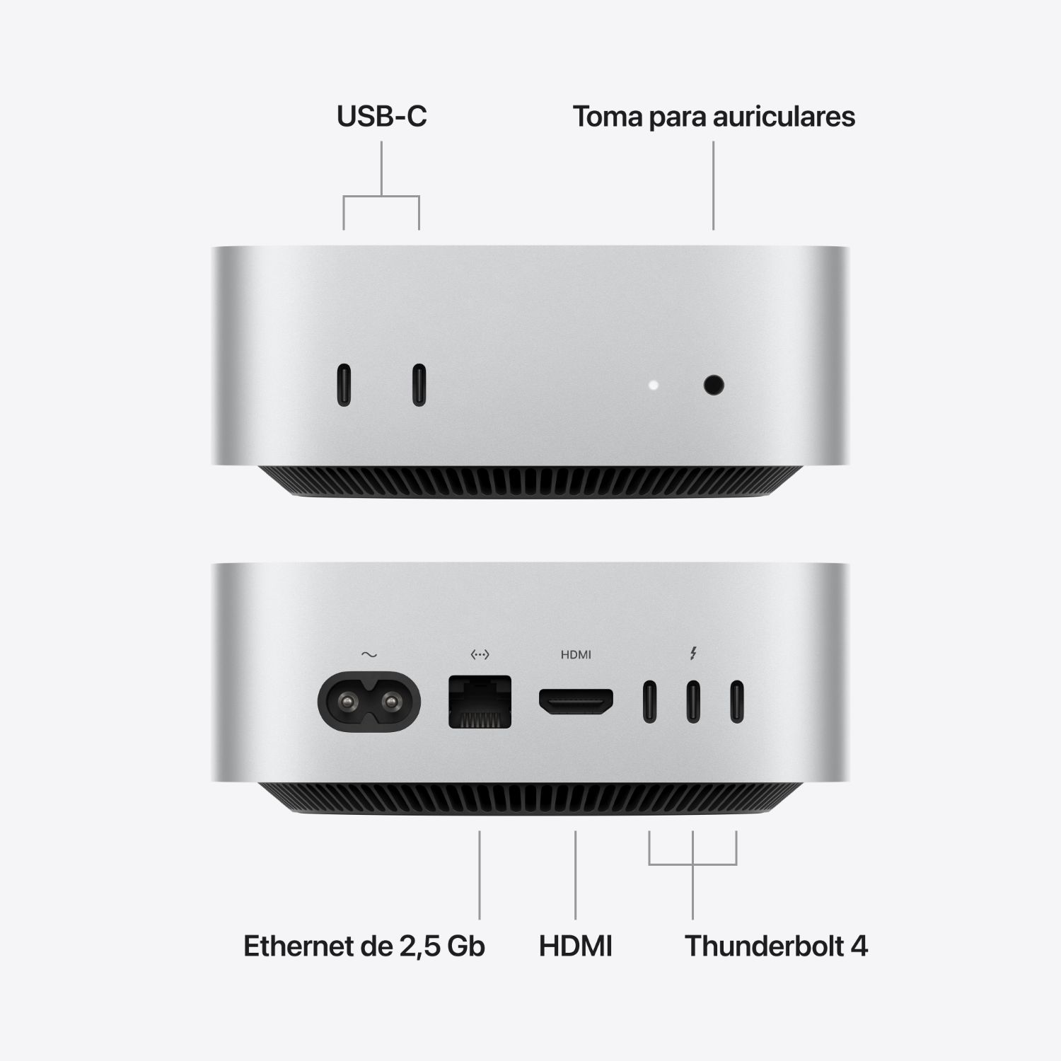 MHQK4TY/A - Ordenador Apple Mac Mini M6 16Gb 256Gb SSD 2xUSB-C 3.1 3xThunderbolt 4 1xHDMI 1xRJ45 WiFi 7 Bluetooth 6.0 Ethernet 2.5 GbE macOS 27 Golden Gate Plata (MHQK4TY/A)