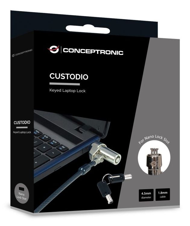 CUSTODIO02BNM - Cable de Seguridad Conceptronic CUSTODIO02BNM Nano Slot con Llave Compatible Llave Maestra. Cable de 4.5mm Negro (CUSTODIO02BNM)