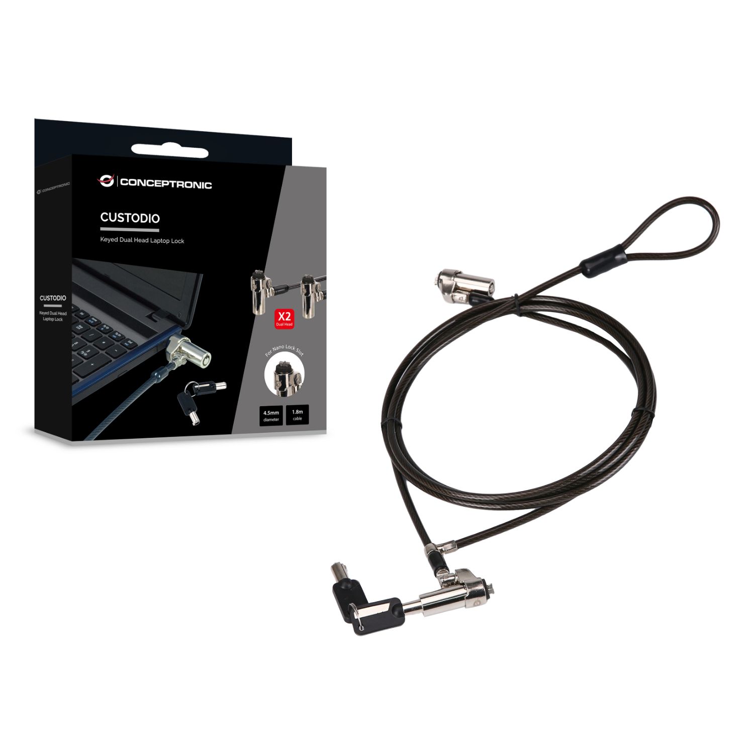 CUSTODIO02BNTM - Cable de Seguridad Conceptronic CUSTODIO02BNTM Doble Cabezal Nano Slot con Llave Compatible Llave Maestra. Negro (CUSTODIO02BNTM)