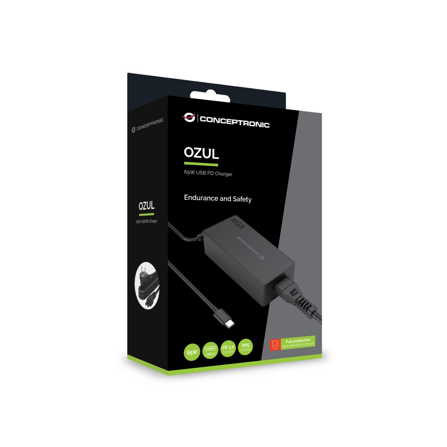 OZUL09BE - Cargador CONCEPTRONIC OZUL09BE USB-C GaN 65W PD 1.8m. Negro (OZUL09BE)