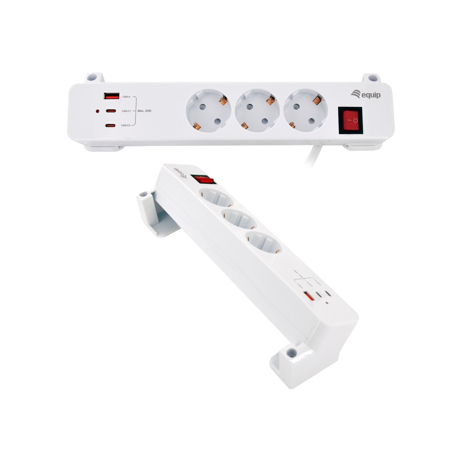 EQ245556 - Regleta de Alimentacion Equip con Abrazadera 3 Tomas Schuko 2xUSB-C 1xUSB-A Carga Rapida 20W Blanco (EQ245556)