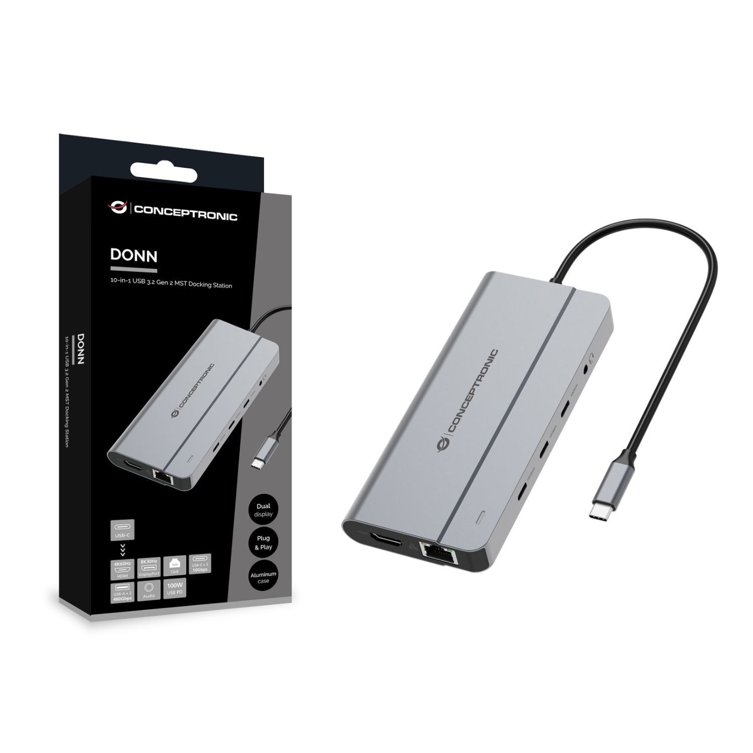 DONN34G - Docking Station USB-C 10en1 HDMI 4K a 60Hz DisplayPort 8K a 30Hz, Ethernet Gigabit, 3XUSB-C de 10Gbps, 2XUSB-A audio de 3.5mm y carga PD de 100W. Plata (DONN34G)
