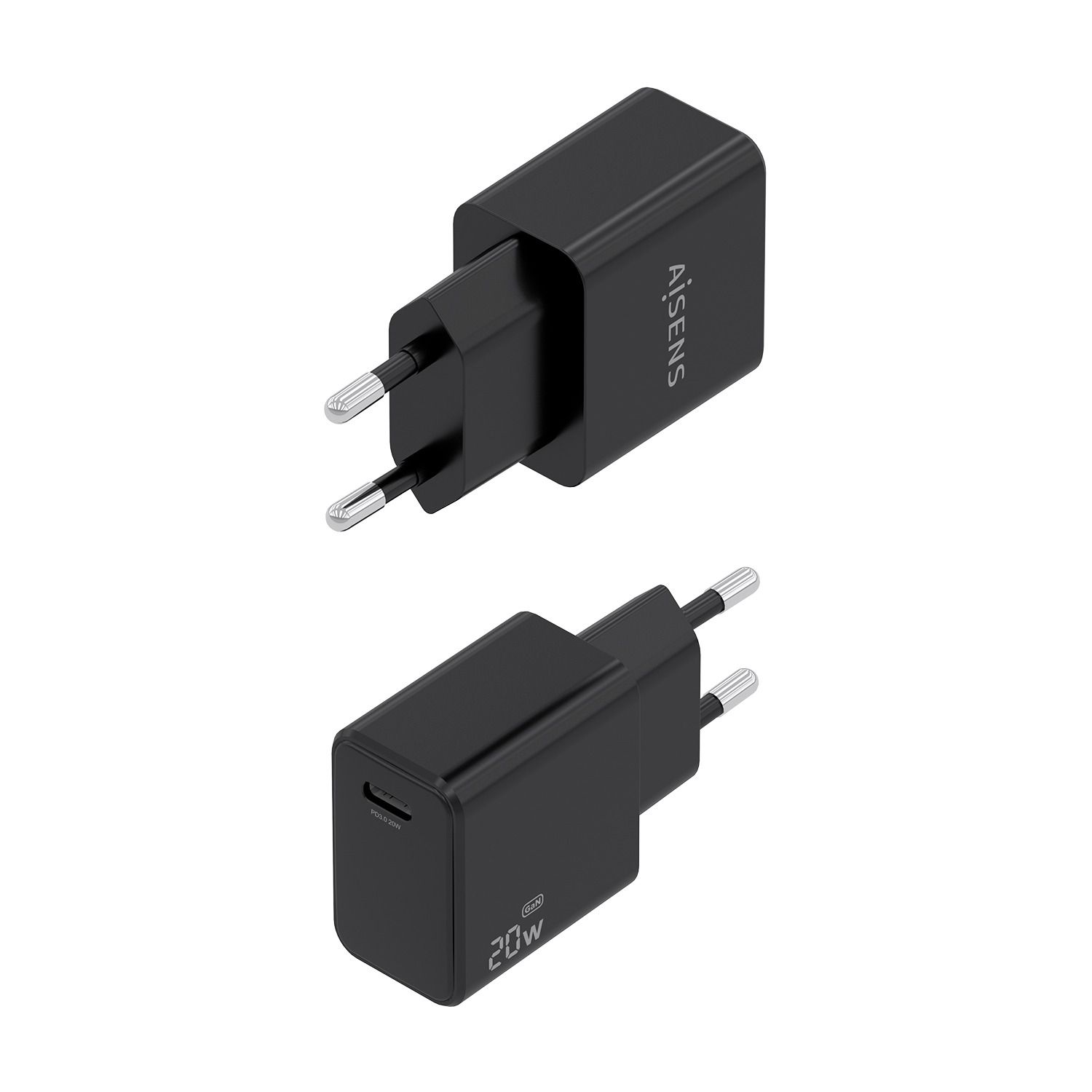 ASCH-20W1P082-BK - Cargador de Pared AISENS GaN 20W PD 3.0 QC 4.0 1xUSB-C Cable 1m Negro (ASCH-20W1P082-BK)