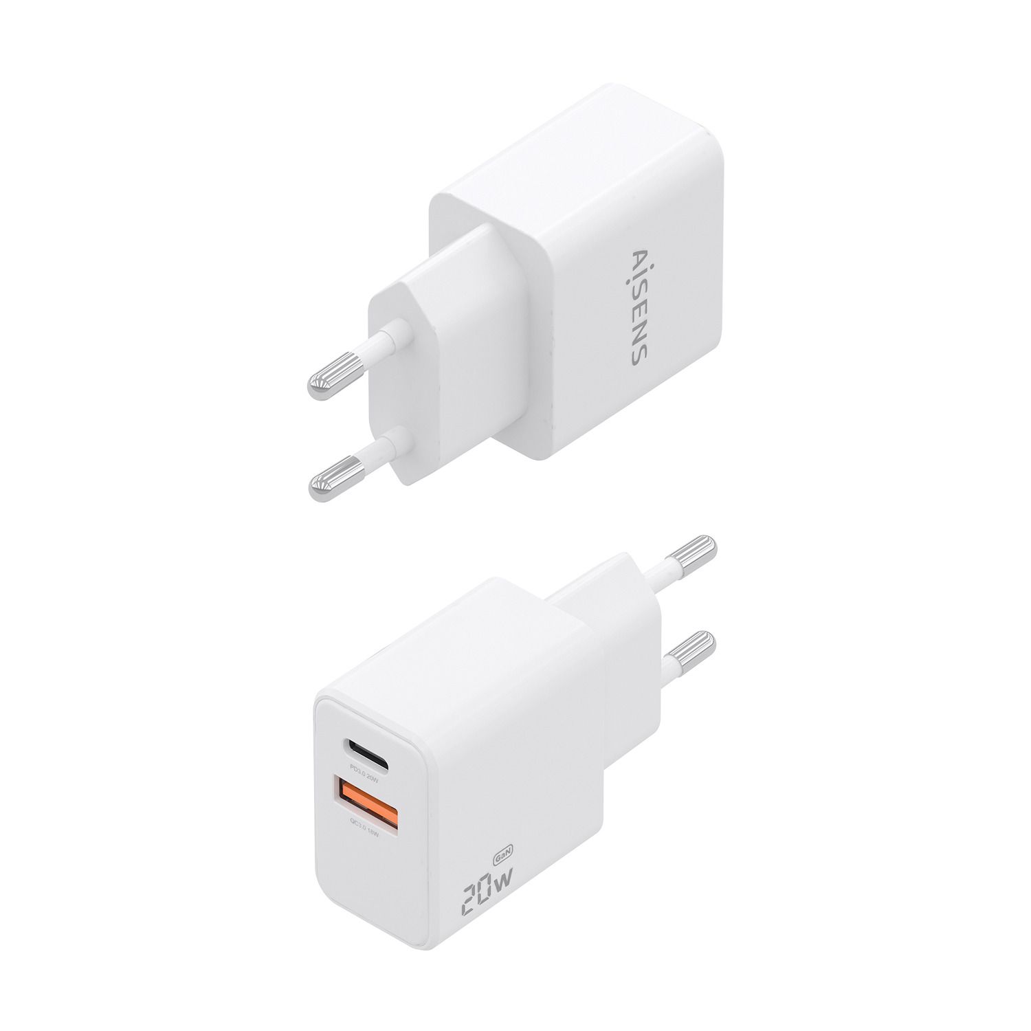 ASCH-20W2P083-W - Cargador de Pared AISENS GaN 20W PD 3.0 QC 4.0 1xUSB-C 1xUSB-A Cable 1m Blanco (ASCH-20W2P083-W)