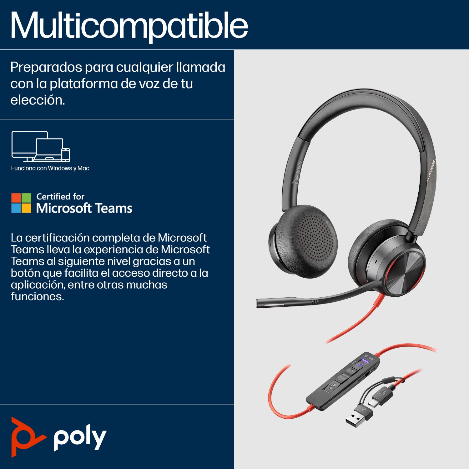 8X223AA - Auriculares+Micr�fono POLY Blackwire Supraurales Binaurales USB-C + Adaptador USB-C/A Negros (8X223AA)