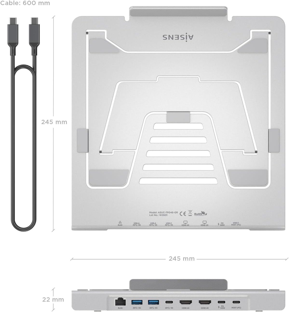 ASUC-7P046-GR - Soporte de Sobremesa AISENS Ajustable para Port�til/Tablet USB-C Docking 7en1 M�x. 3Kg Gris (ASUC-7P046-GR)