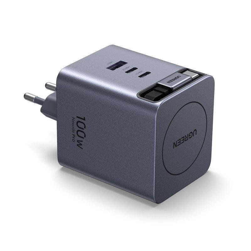 65828 - Cargador de Pared Ugreen X616 GaN 100W 1xUSB-A 2xUSB-C Cable USB-C Retr�ctil 0.75m Negro/Gris (65828)