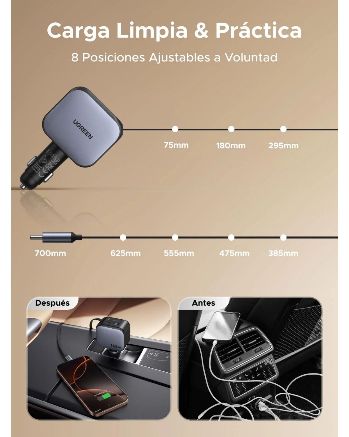 55910B - Cargador de Coche Ugreen PD 3.0/QC 3.0 145W 1xUSB-A 4xUSB-C Cable USB-C Retr�ctil Negro (55910B)