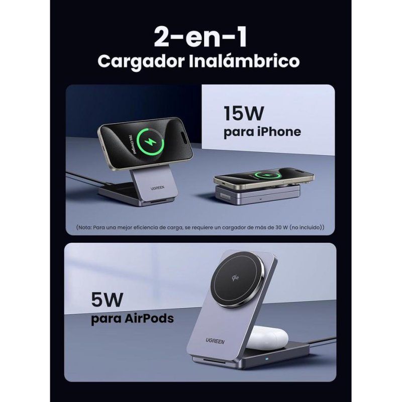 45023 - Cargador Ugreen W706 Qi2 15W Inal�mbrico Magn�tico Cable USB-C 1m Gris (45023)