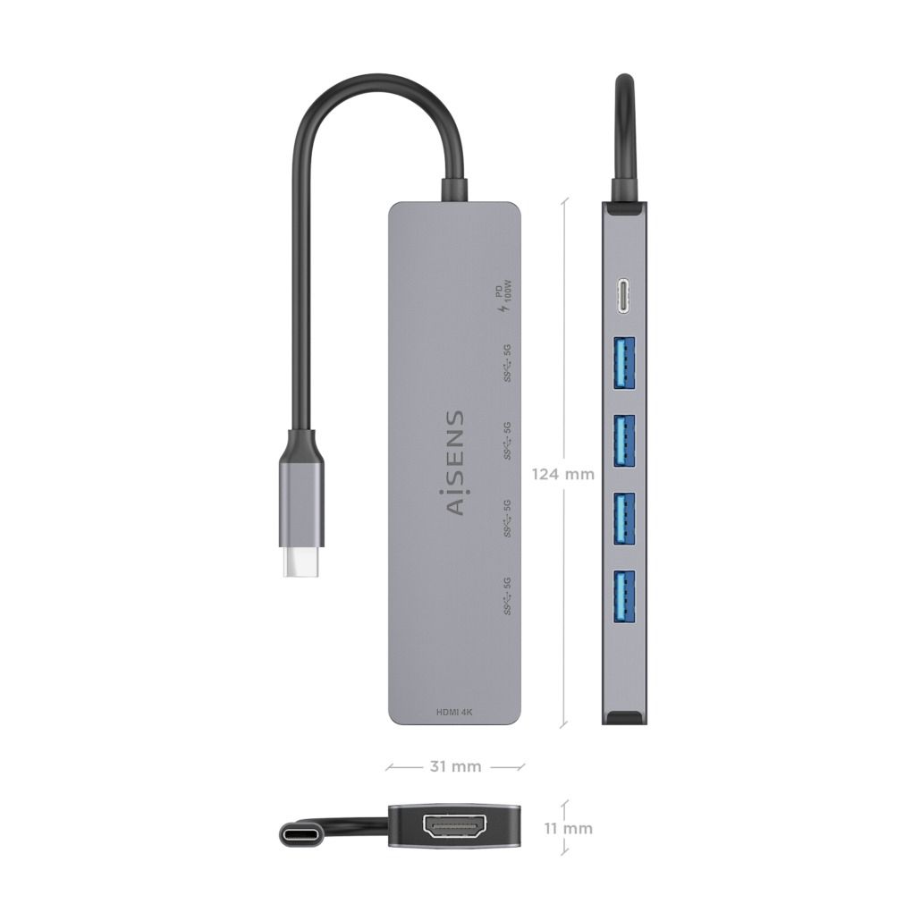 ASUC-6P047-GR - Docking Station AISENS USB-C a 4xUSB-A/1xHDMI 4K UHD/60Hz PD 100W Cable 0.15m Gris (ASUC-6P047-GR)