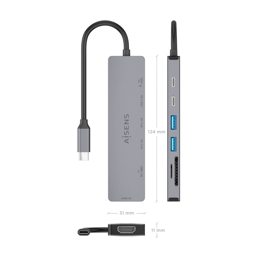 ASUC-7P048-GR - Docking AISENS 7en1 USB-C a 2xUSB-A/1xUSB-C PD/100W/1xHDMI 4K UHD 60Hz/Lector Tarjetas Cable 0.15m Gris (ASUC-7P048-GR)