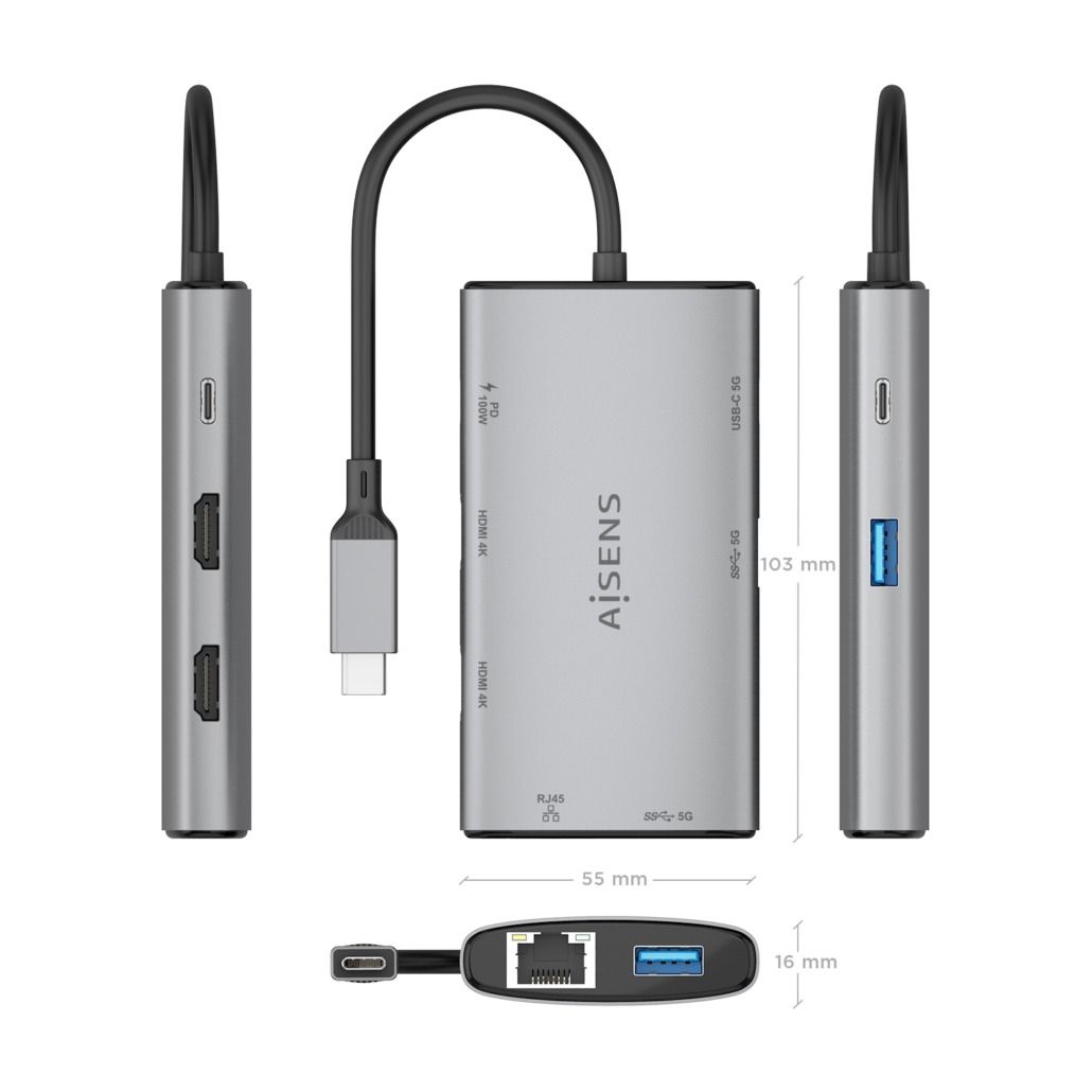 ASUC-7P049-GR - Docking Station AISENS 7en1 USB-C a 2xUSB-A/1xUSB-C PD 100W/2xHDMI 4K UHD 60Hz/1xRJ45 Cable 0.2m Gris (ASUC-7P049-GR)