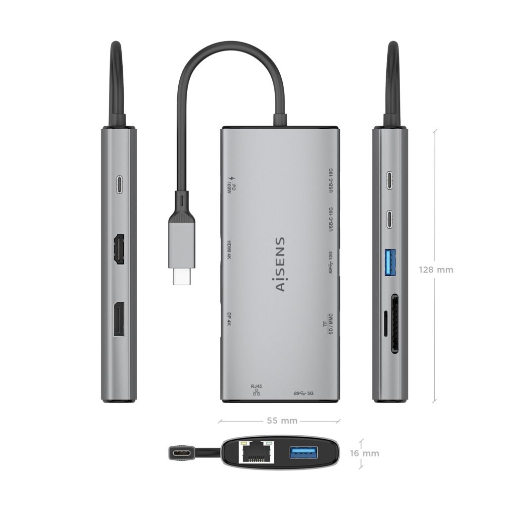 ASUC-10P050-GR - Docking Station AISENS 10en1 USB-C a 1xUSB-A 3.0/1xUSB-A 3.1/2xUSB-C 3.1 PD 100W/1xHDMI 4K UHD 60H/1xRJ45/Lector Tarjetas Cable 0.2m Gris (ASUC-10P050-GR)