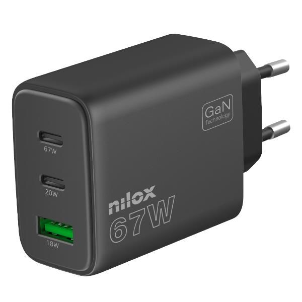 NX65GANUSBC - Cargador de Pared NILOX GaN 67W 1xUSB-A 2xUSB-C Negro (NX65GANUSBC)