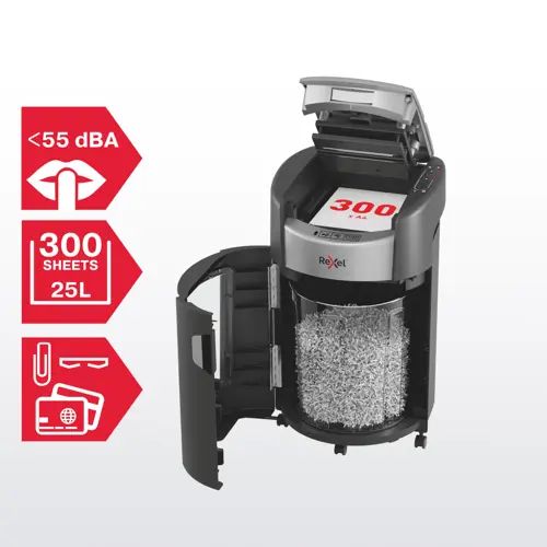 2025300xeu - Destructora REXEL Optimum AutoFeed+ 300X Corte Cruzado Grapas/Papel/Tarjetas de Cr�dito/Clips P-4 25L 300 Hojas Negra (2025300XEU)