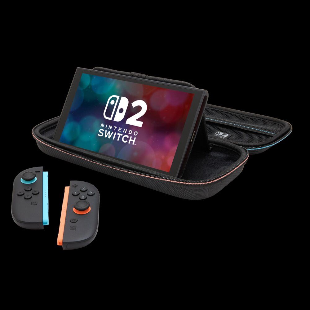 NSCS0552 - Funda protectora PowerA Protection Case para Nintendo Switch 2 Carcasa rigida Soporte de juego integrado Guardado para 9 tarjetas de juego y tarjetas microSD Bolsillo de malla Interior de felpa suave Asa de transporte Negro(NSCS0552)