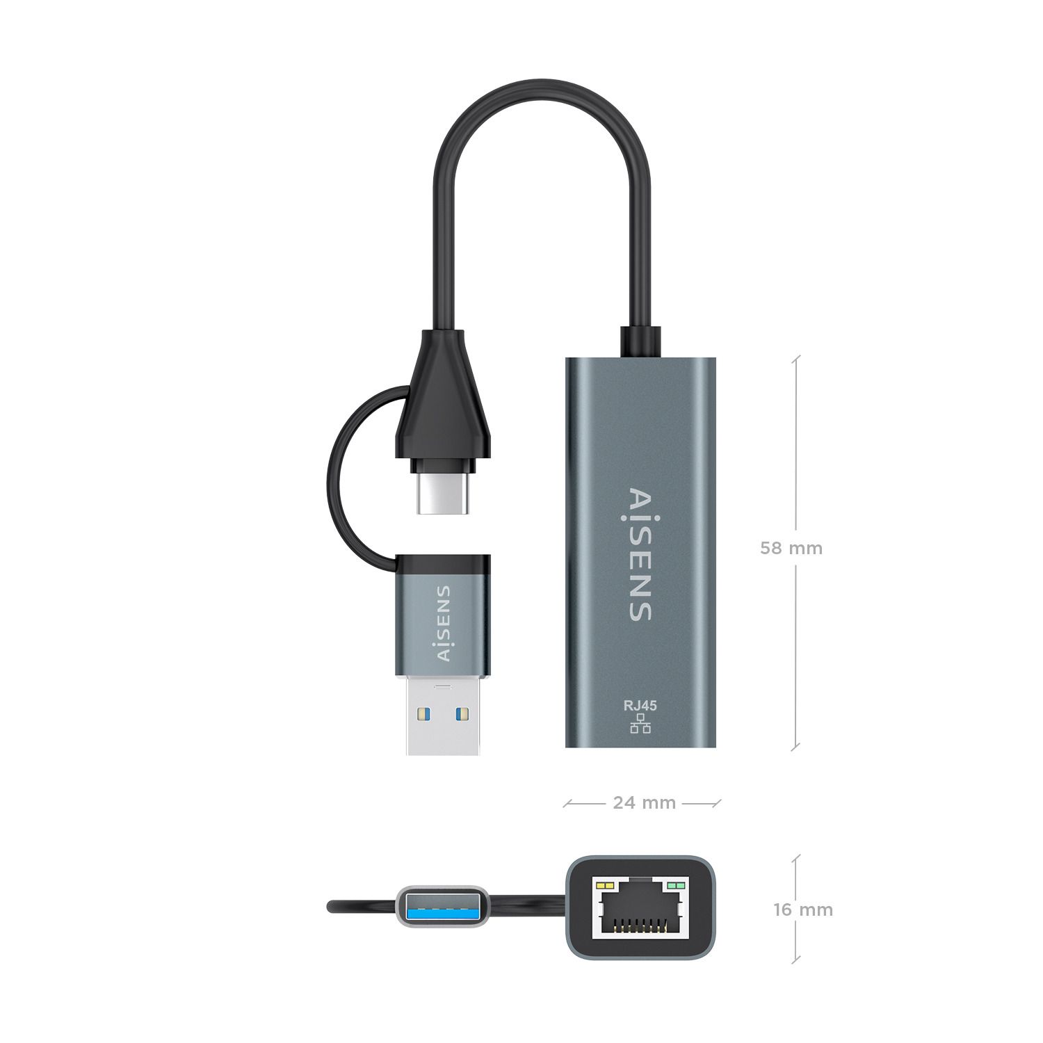 A109-1032 - Conversor AISENS USB-A/USB-C a RJ45 Ethernet GbE Gris (A109-1032)