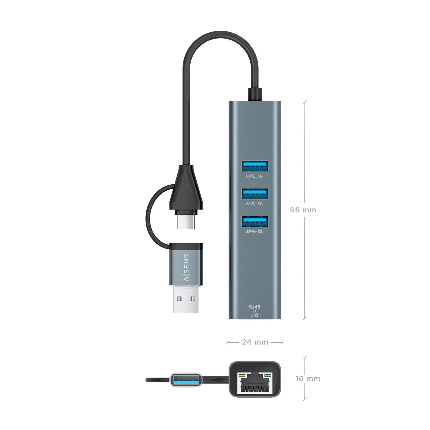 A109-1033 - Conversor USB 3.2 Gen1 AISENS de USB-A y USB-C a Ethernet Gigabit Conexion RJ45 10/100/1000 Mbps con HUB de 3 puertos USB 3.0 Cable de 15cm Plug and Play Compatible con Windows Mac OS y Linux .Gris (A109-1033)