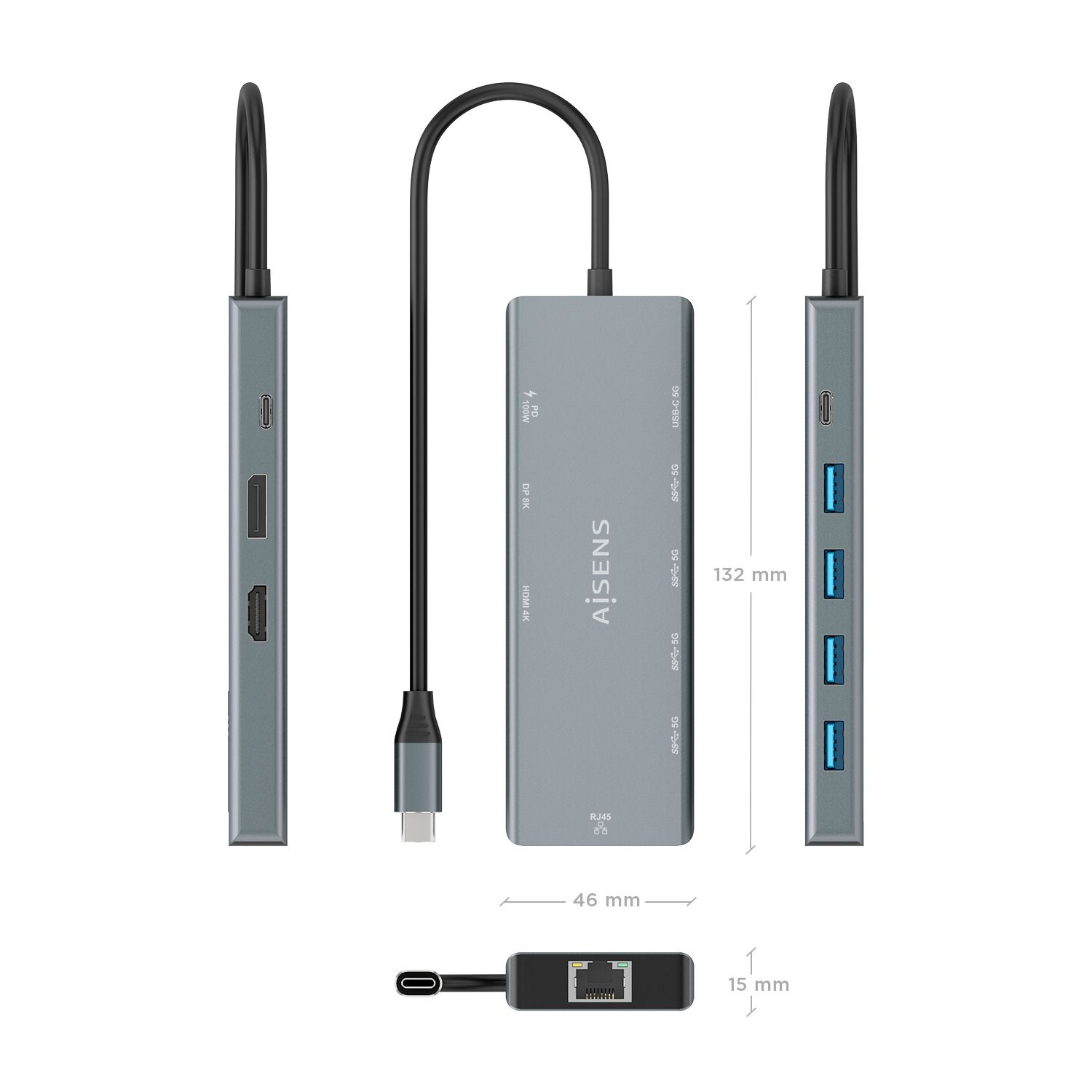 ASUC-9P051-GR - Docking Station AISENS USB-C 9en1. Carcasa de aluminio Puertos HDMI y DisplayPort hasta 8K Red Ethernet RJ45 4xUSB-A 5Gbps 1xUSB-C 5Gbps y puerto USB-C PD de 100W Cable de 20 cm Diseno compacto y ligero .Gris (ASUC-9P051-GR)