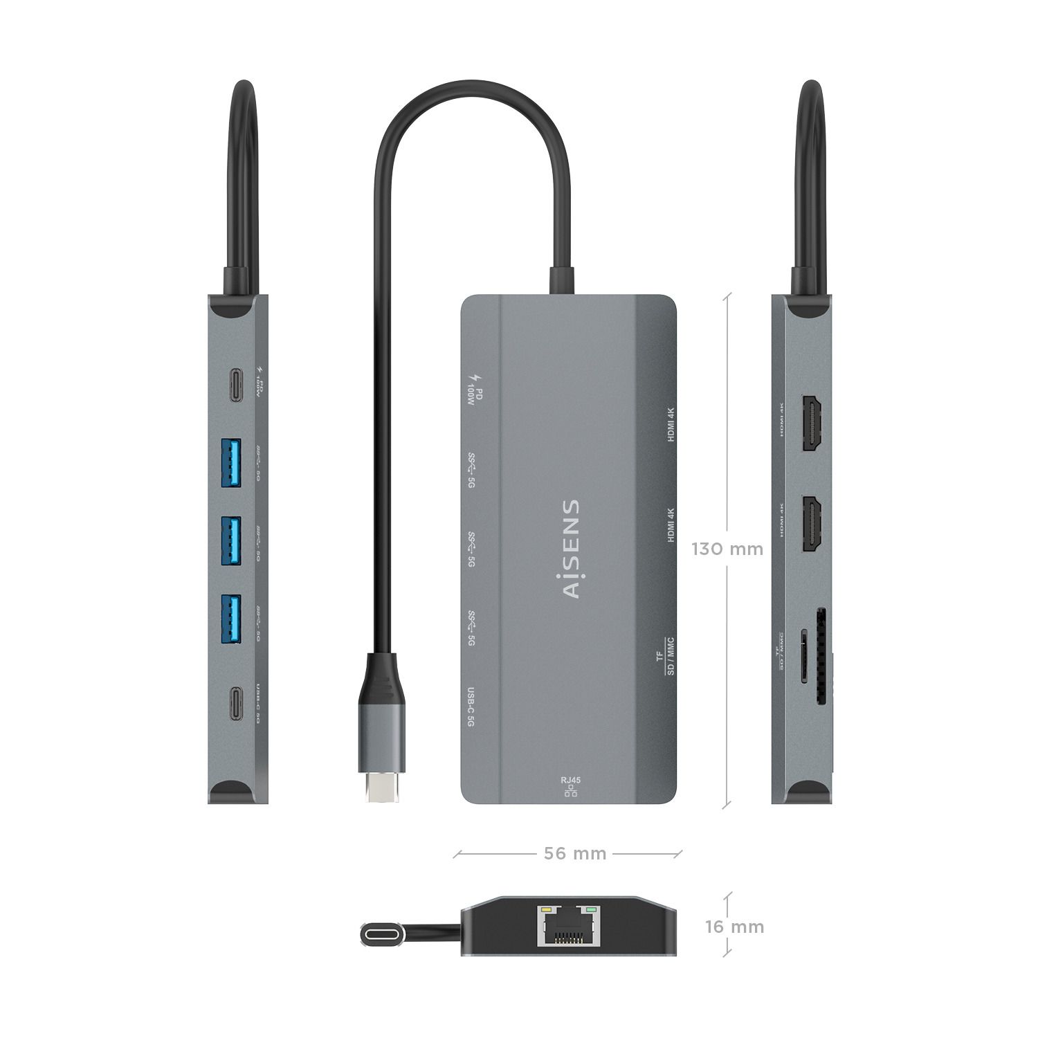 ASUC-10P052-GR - Docking Station AISENS USB-C 12en1 Carcasa de aluminio Doble salida HDMI hasta 4K Red Ethernet RJ45 3xUSB-A 1xUSB-C Lector de tarjetas SD y MicroSD Puerto USB-C Power Delivery 100W Cable de 20cm Diseno compacto. Gris(ASUC-10P052-GR)
