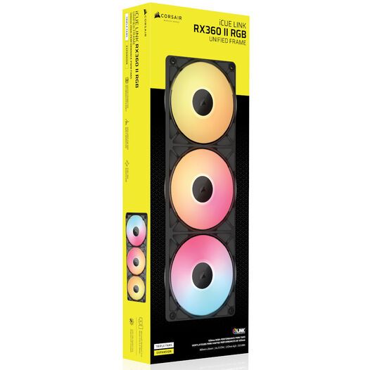 CO-9051061-WW - Kit de 3 ventiladores de caja para PC Corsair RX360 II iCUE LINK RGB Unified Frame de 360mm Control PWM Flujo de aire de alto rendimiento Iluminacion RGB personalizable. Negro (CO-9051061-WW)