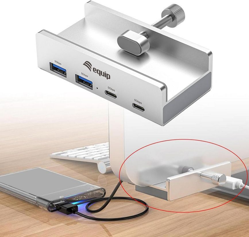 EQ128967 - Hub USB-C Equip EQ128967 con Clip Ajustable 4 Puertos 2xUSB-A 2xUSB-C 5Gbps Aluminio Gris (128967)